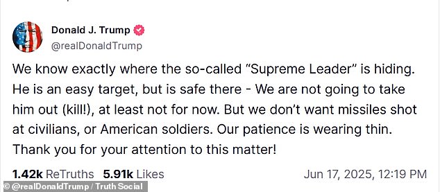 In a series of social media posts, Mr Trump said 'we' have aerial supremacy and 'we' know where the Supreme Leader is, remarks that suggested Israel and the US were acting in unison