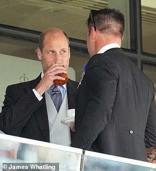 Looking relaxed and in his element, Prince William , 42, was pictured enjoying what appeared to be a Pimm's after putting on an animated display while watching the races
