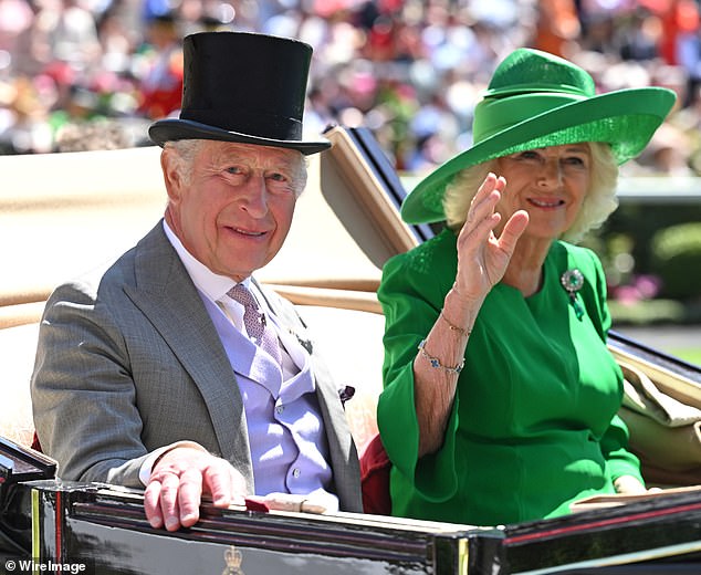 Gorgeous in green! Camilla (pictured alongside Charles) looked effortlessly elegant in a vibrant dress and matching hat