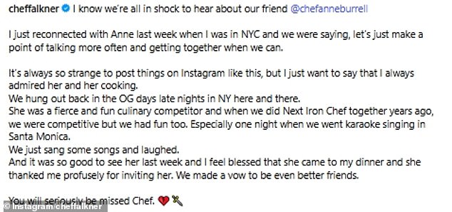 Falkner paid tribute to Anne on her Instagram after hearing about the shocking news