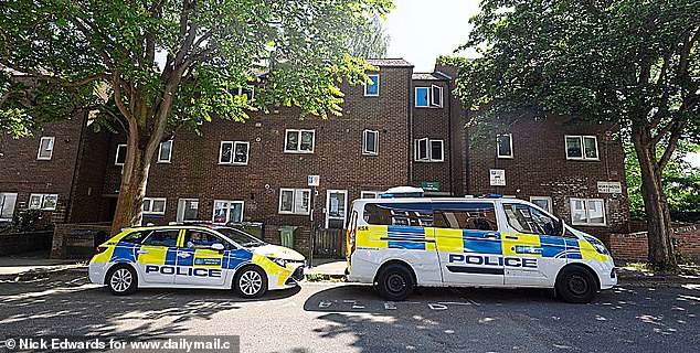 Two police cars pictured outside Ms Abbott's flat in Camden on Wednesday