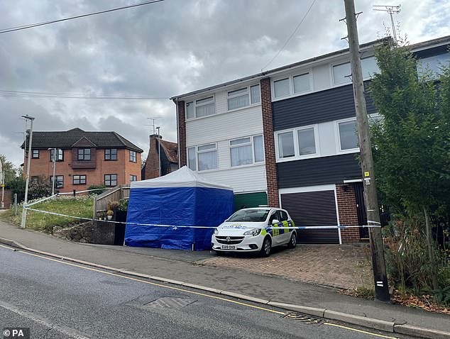 A blue forensics tent outside the McCullough house three days after the couple's decomposing bodies were discovered
