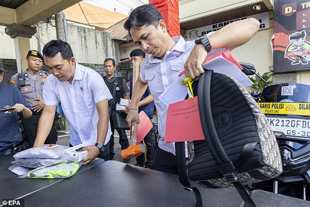 Bali police display evidence related to the shooting of two Australians, at a police station in Badung, Bali, Indonesia