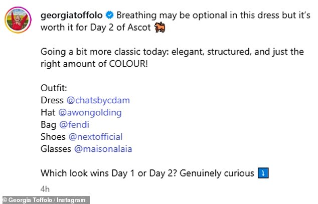 Georgia joked in her post about not being able to breathe and shared her outfit details