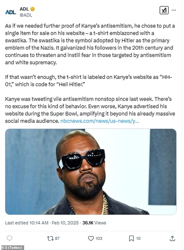 The Anti-Defamation League stated their response to the shirt in a post on X/Twitter last month