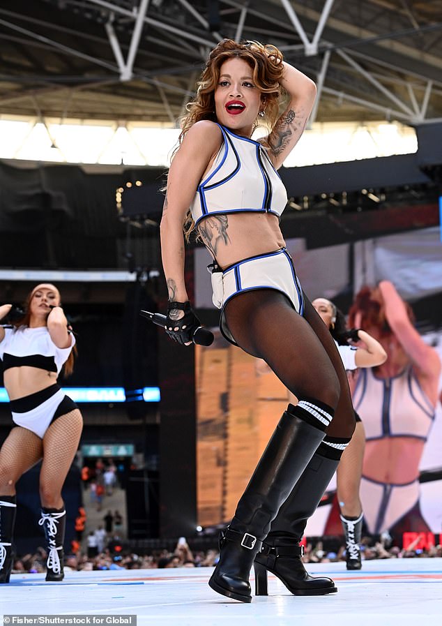 Rita Ora performing on stage during Capital's Summertime Ball 2025 at Wembley Stadium