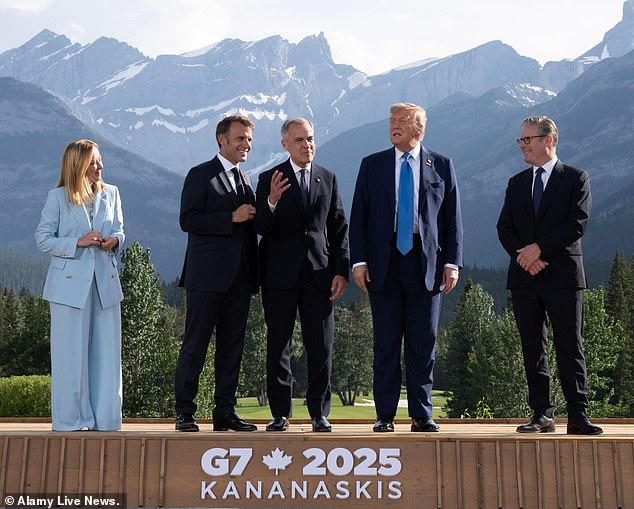 Leaders at the G7 summit in Canada. Left to right: Giorgia Meloni, Emmanuel Macron, Mark Carney, Donald Trump and Sir Keir Starmer