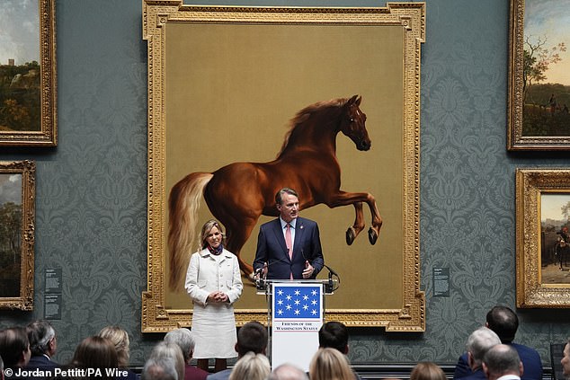 The Governor of Virginia, Glenn Youngkin, during the ceremony at the National Gallery, central London, as the statue of George Washington is returned after undergoing restoration