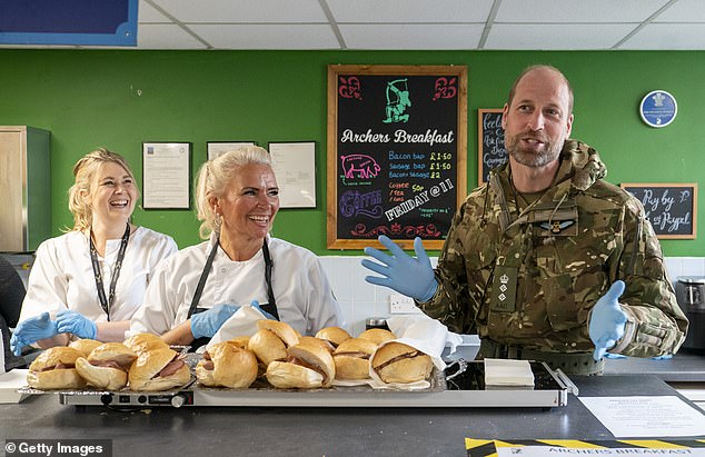 William hands out bacon and sausage rolls to servicemen in Wattisham. According to royal expert Richard Fitzwilliams, the future King's relatability will help make sure the monarchy is fit for service in the 21st century