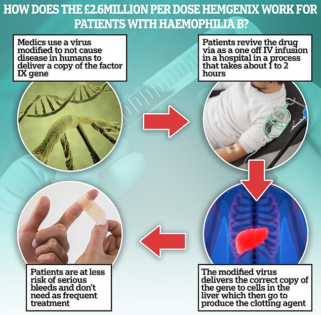 Hemgenix works by replacing the patient's defective gene, which is incapable of producing the clotting protein, with one that can, eliminating the need for frequent injections