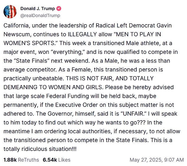 The rule change is temporary, according to the CIF, and not a direct response to Trump's recent online criticism of California state policy, Governor Newsom and the 16-year-old Hernandez