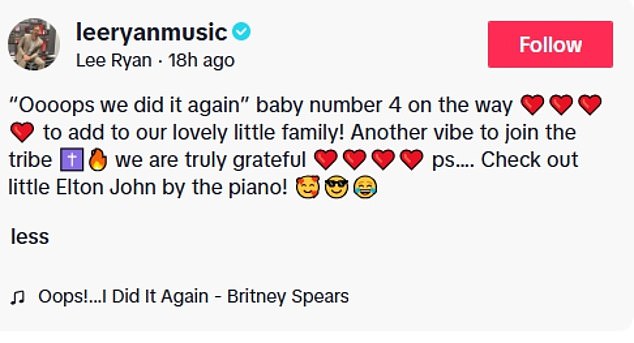 Lee shared the happy news on his TikTok page, as he shared a photo of himself cradling his wife's bump with the playful caption: 'Oops we did it again'