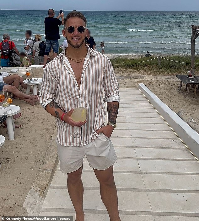 The couple reportedly shelled out a further £100 on a new ticket and waited four hours for the next departing flight to Palma (Pictured: Scott in Palma de Mallorca after arriving hours later)