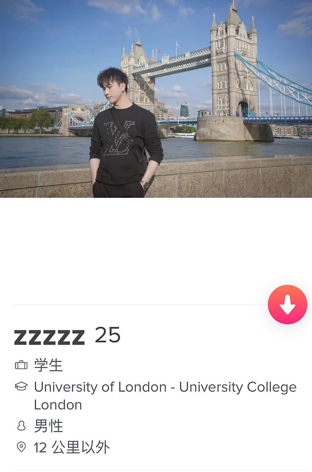 A Tinder profile where the student appears under a different name