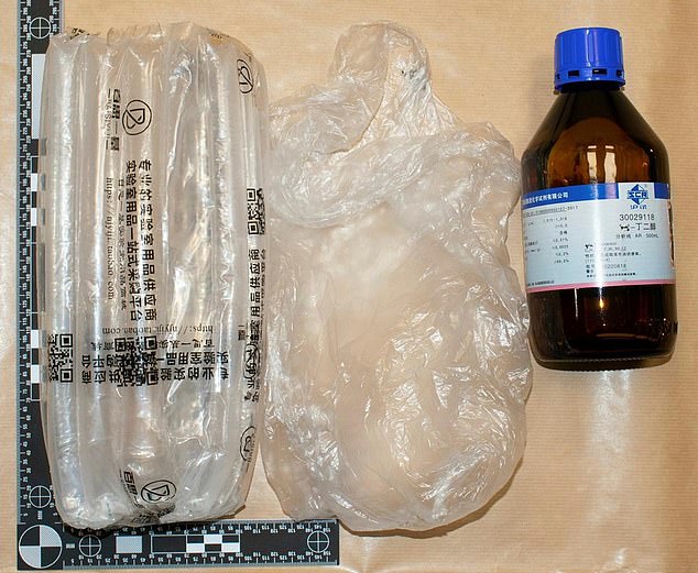Officers seized items including a 'graduated dropper pipette' and two brown bottles containing 500ml of clear liquid labelled '1,4 - Butanediol.'