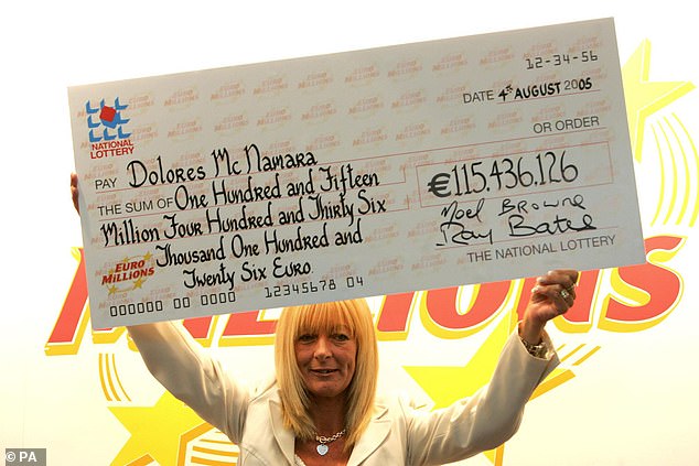 Irish housewife Dolores McNamara celebrates her record breaking lottery win at Irish National Lottery Headquarters in 2005