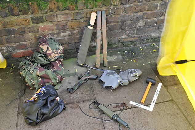 When they searched his rucksack they found a terrifying arsenal of weapons including a crossbow, mallet, machete and gas masks