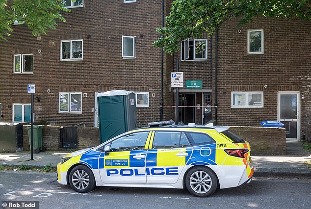 Police pictured outside Ms Abbott's home on Thursday. She was discovered wrapped in a blanket with tape over her mouth by her niece and neighbours