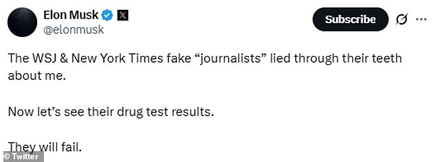 Musk called reporters from the New York Times and Wall Street Journal 'fake journalists' and challenged them to also take a drug test, claiming that they would fail