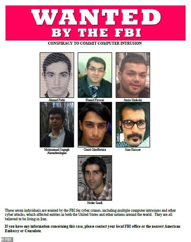 Former Chief of Cyber Threat Analysis at the Cybersecurity and Infrastructure Agency, Rex Booth, said even though their 2013 plan failed, Iran's hackers have the potential to produce 'catastrophic consequences' (PICTURED: The seven Iranian hackers)