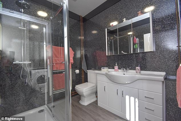 The bathroom includes a shower, toilet and plenty of storage space underneath the sink