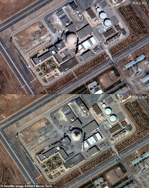Israel has been launching missiles at Iran in an attempt to cripple its nuclear capabilities. Pictured: The Iranian nuclear facility at Arak in central Iran on June 18, 2025 (top) and the damage at the Iranian nuclear facility after an Israeli strike on June 19