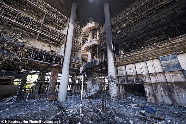 Pictured: An interior view of the headquarters of the Islamic Republic of Iran News Network (IRINN) in Iran's state television compound, which was destroyed in Israeli strikes