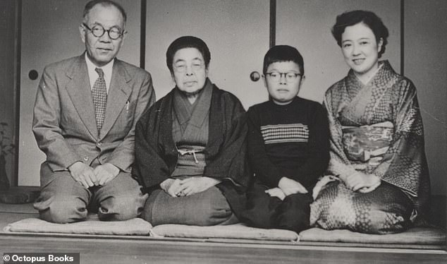 Dr Hachiya is seen with with his mother, son, and wife in 1955