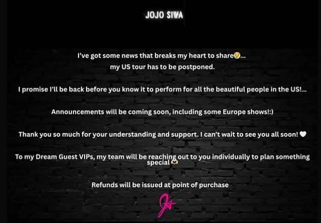 Last week JoJo shared the surprise news that she was postponing her US tour , which had been due to kick off on July 10