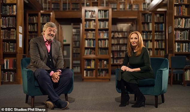Fry has turned on his former friend, piously branding Rowling a ‘lost cause’ and accusing her of being ‘radicalised’ with ‘strange’ views. The two pictured in the 2022 documentary, Fantastic Beasts: A Natural History