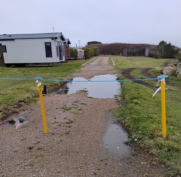 The park's entrance, according to the pensioner, featuring a pathway and large puddle