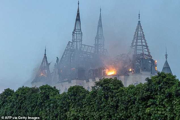 Picture shows a burning building in Odesa, Ukraine, as a result of a Russian missile attack in April last year