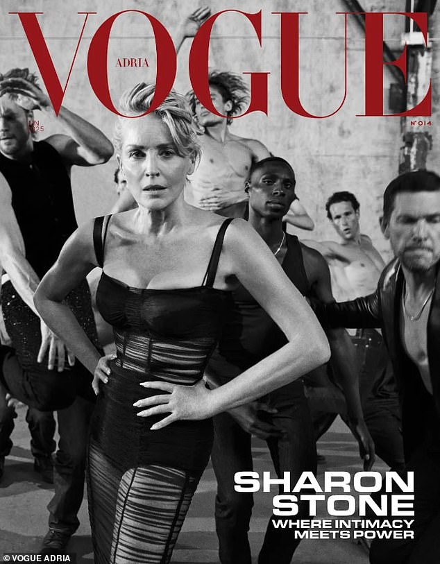 The actress, 67, went topless beneath a sheer dress as she was worshipped by a plethora of hunky male models in the shoot for Vogue Adria