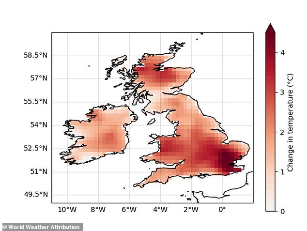 June heatwaves are now bout 2-4°C (3.6-7.2°F) more intense due to climate change, depending on the location in the country (illustrated). This is enough to turn warm weather into a deadly extreme heat event
