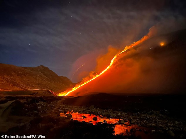 World Weather Attribution warns that these changes will lead to an increased risk of wildfires spreading throughout the summer. Pictured: A wildfire burns on the Isle of Arran, Scotland