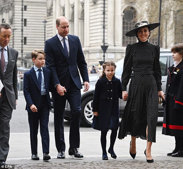 William and Kate arrive with their children for the Service of Thanksgiving for the life of Prince Philip, the late Duke of Edinburgh at Westminster Abbey on March 29, 2022
