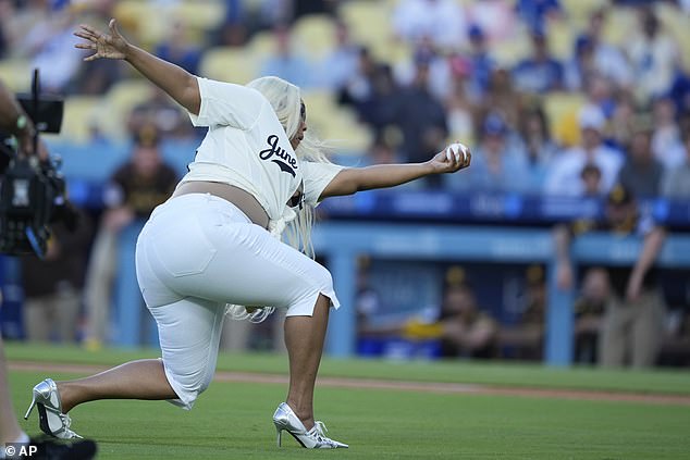 The Good As Hell hitmaker was seen strolling onto the baseball field to throw the ceremonial first pitch before the Dodgers took on the San Diego Padres