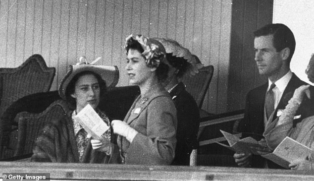 Princess Margaret, Princess Elizabeth and Group Captain Peter Townsend in the Royal Box at Ascot in June 1951