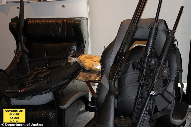 Agents also confiscated various weapons, including AR-15 style riffles and pump shotguns, shown here next to a bag of tortilla chips