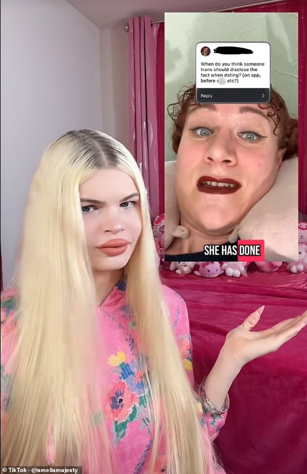 In response to Lilly’s admission she ‘peed standing up’ at the bathroom at Disney World, influencer Amelia Majesty said ‘these videos are rapidly decreasing trans acceptance’.