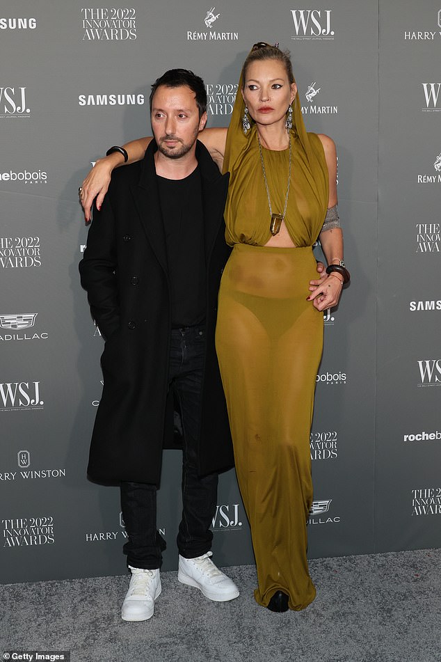 The only designer brand on the list was French fashion house Saint Laurent which is currently being managed by Belgian-Italian creative, Anthony Vaccarello (pictured with Kate Moss in 2022)