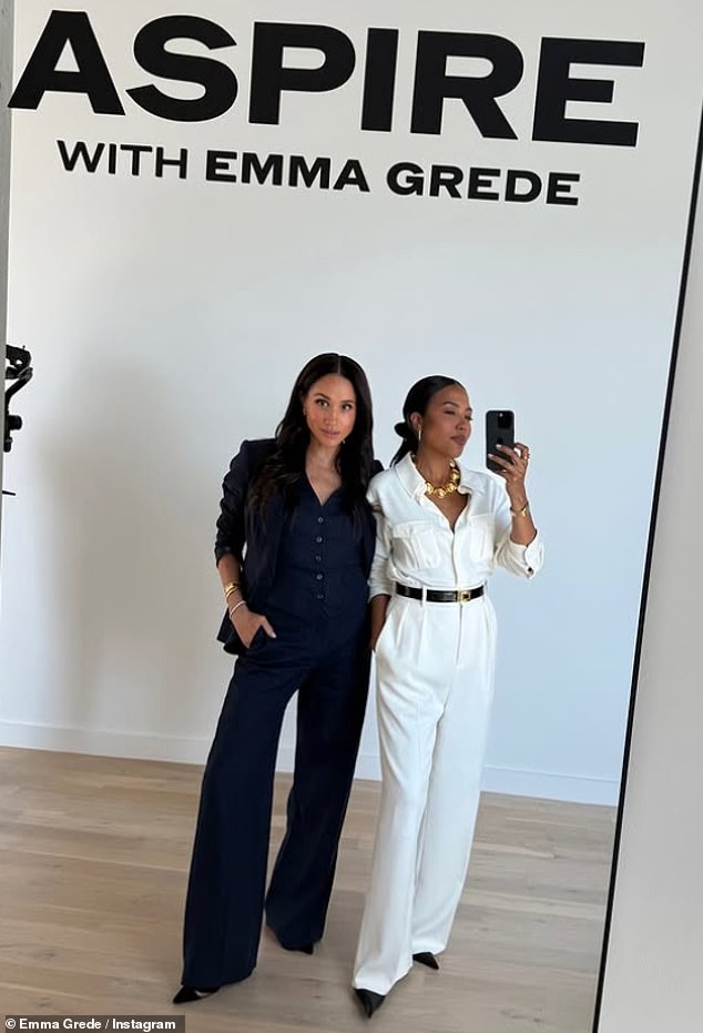 Meghan and Emma Grede take a selfie together behind the scenes of recording the podcast