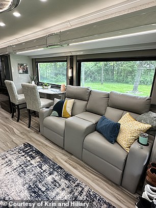 She added, 'We have all the comforts of a luxury home - washer and dryer, fireplace, residential fridge, heated floors, large shower with unlimited hot water'