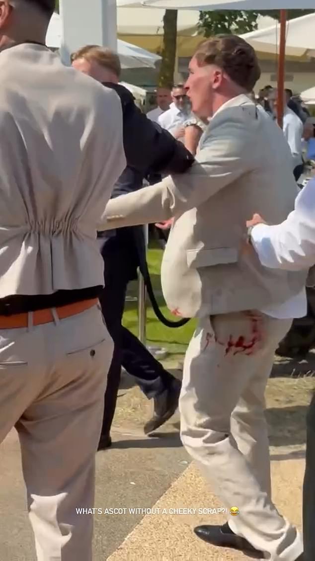 Following the fight, one of the men, dressed in a cream suit, appears to yell and gesture towards the other brawler