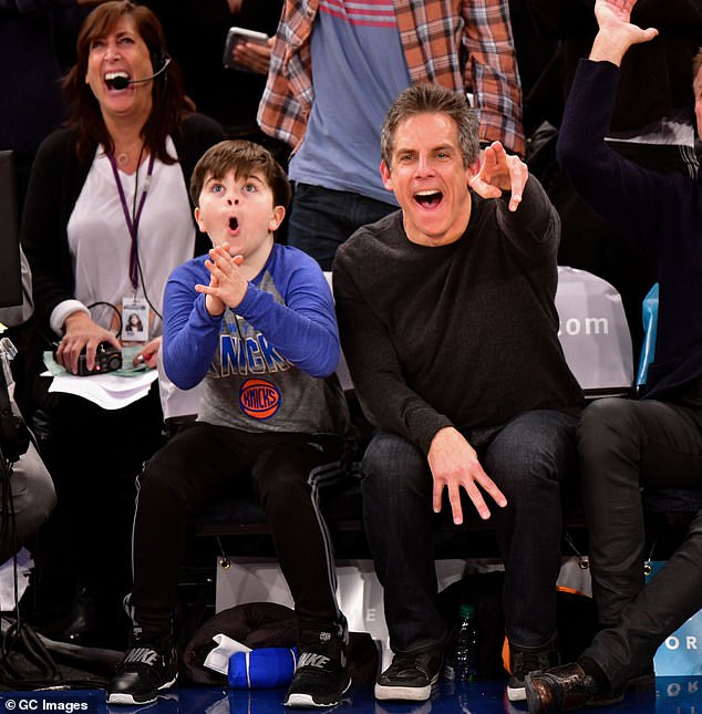 Stiller and his son at the Toronto Raptors v New York Knicks game in 2017