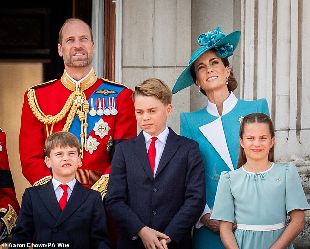 Louis, William, George, Kate and Charlotte on the balcony of Buckingham Palace in London to view the flypast following the Trooping the Colour ceremony last Saturday, June 14