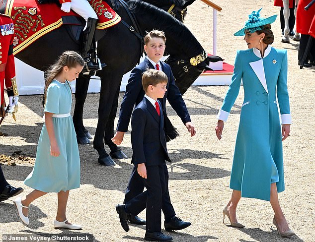 Princess Charlotte, Prince George, Prince Louis and Catherine Princess of Wales attend Trooping the Colour