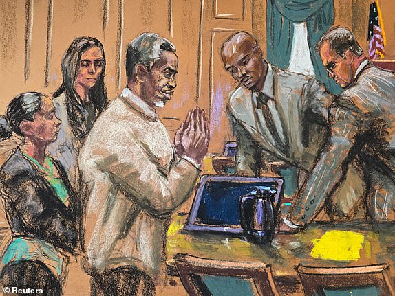Sean "Diddy" Combs gestures as he speaks with his defense team before the day's session of his sex trafficking trial in New York City, New York, U.S., June 18, 2025 in this courtroom sketch. REUTERS/Jane Rosenberg