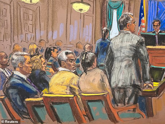 U.S. District Judge Arun Subramanian threatens to sanction attorneys for a potential leak as lawyers Marc Agnifilo and Maurene Comey stand during Sean "Diddy" Combs' sex trafficking trial in New York City, New York, U.S., June 17, 2025 in this courtroom sketch. REUTERS/Jane Rosenberg