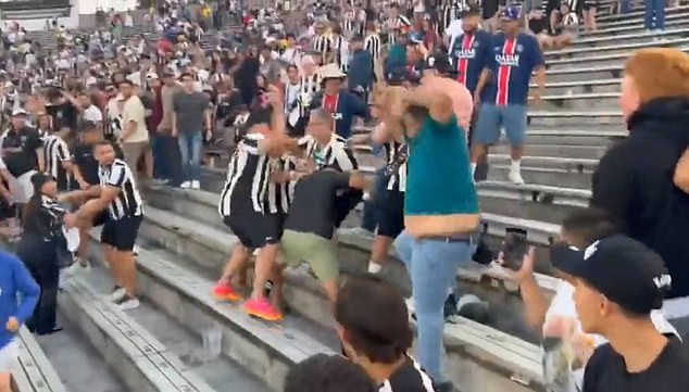 The footage ends with people running in to separate the brawl and a group trying to help a fan